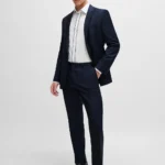 SLIM-FIT SUIT IN PATTERNED VIRGIN-WOOL CANVAS- SLIM FIT DARK BLUE