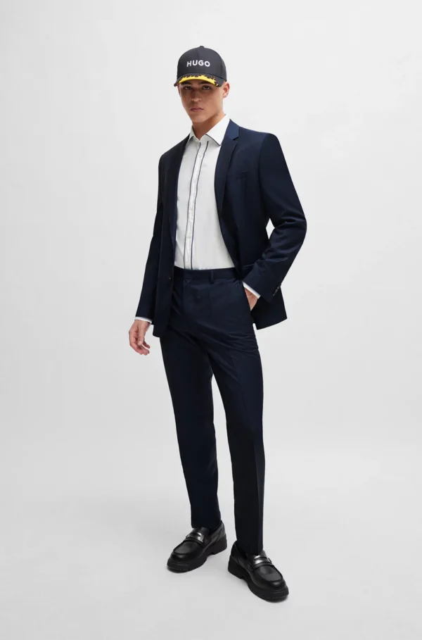 SLIM-FIT SUIT IN PATTERNED VIRGIN-WOOL CANVAS- SLIM FIT DARK BLUE