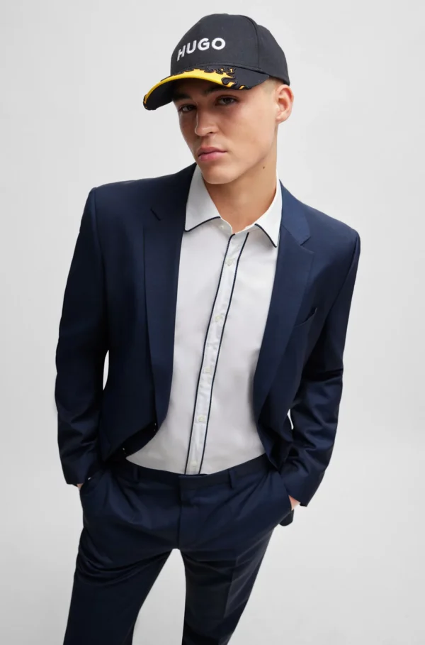 SLIM-FIT SUIT IN PATTERNED VIRGIN-WOOL CANVAS- SLIM FIT DARK BLUE