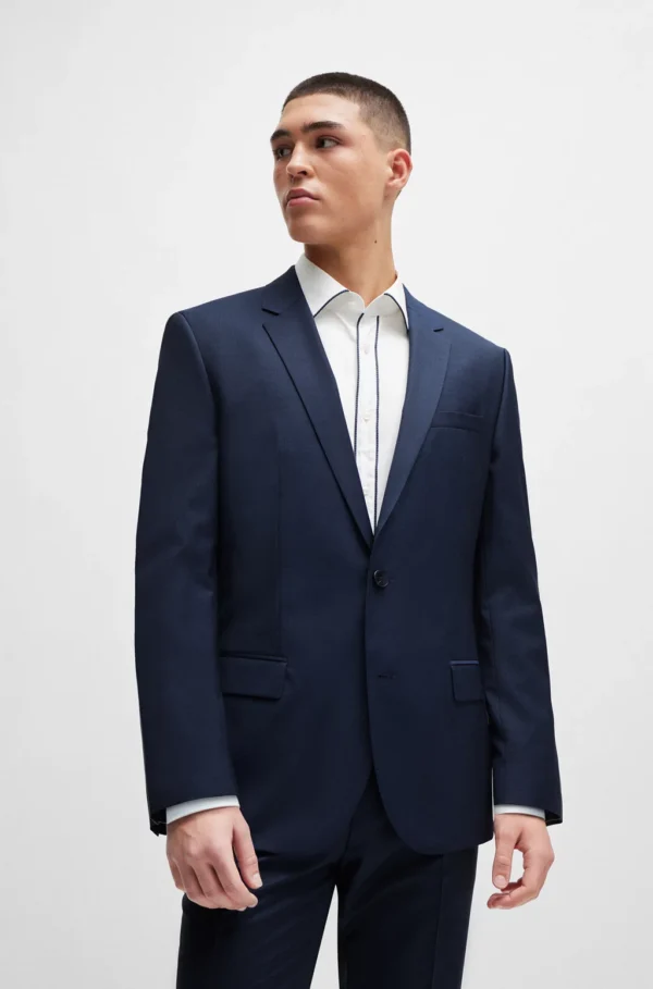 SLIM-FIT SUIT IN PATTERNED VIRGIN-WOOL CANVAS- SLIM FIT DARK BLUE