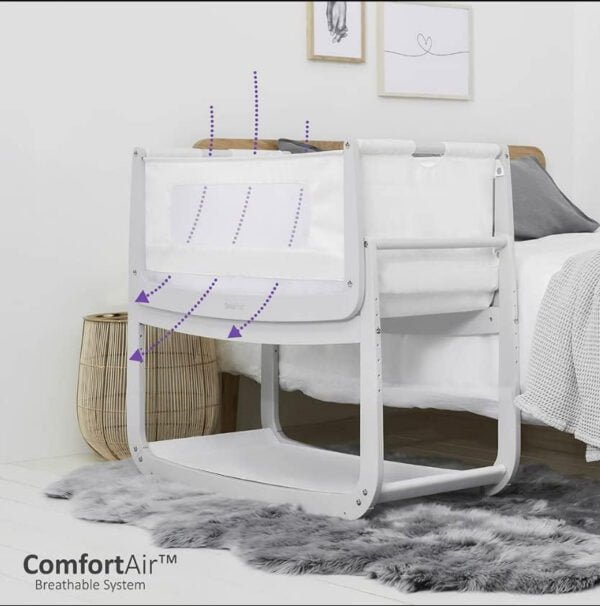 SnuzPod4 Baby Bedside Crib Safety Tested, Breathable Mattress and Dual View Mesh Windows(LxWxH – 100x95x49 cm) From 0 Months and Above – Haze Grey