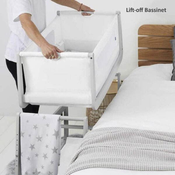 SnuzPod4 Baby Bedside Crib Safety Tested, Breathable Mattress and Dual View Mesh Windows(LxWxH – 100x95x49 cm) From 0 Months and Above – Haze Grey