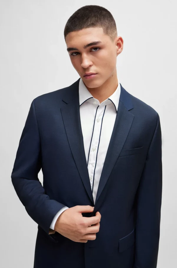 SLIM-FIT SUIT IN PATTERNED VIRGIN-WOOL CANVAS- SLIM FIT DARK BLUE