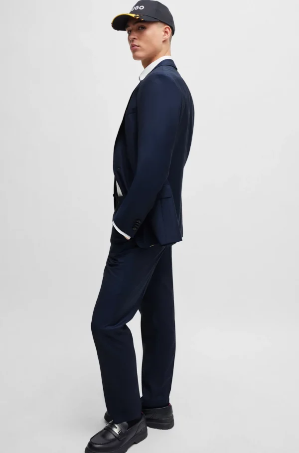 SLIM-FIT SUIT IN PATTERNED VIRGIN-WOOL CANVAS- SLIM FIT DARK BLUE