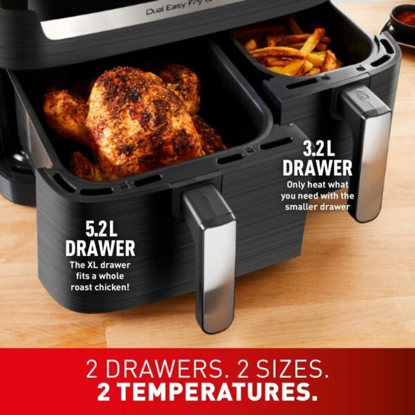 Tefal Dual Easy Fry, 8.3 L, Dual Drawers Air Fryer, Complete Family Meal, 7 Pre-Set Programs, Dishwasher-Safe Parts, Dedicated App.