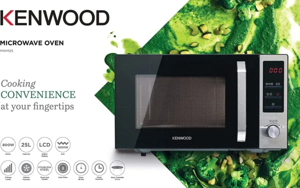 KENWOOD 25L Microwave Oven with Grill, Digital Display, 5 Power Levels, Defrost Function, Stainless Steel, Auto Menu, 95 Minutes