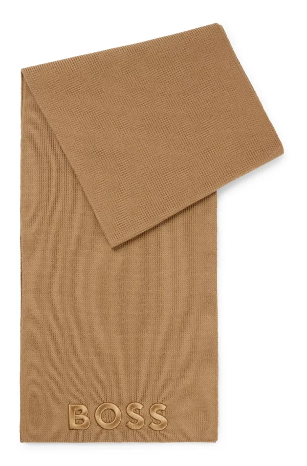 BOSS RIBBED SCARF IN VIRGIN WOOL WITH TONAL EMBROIDERED LOGO