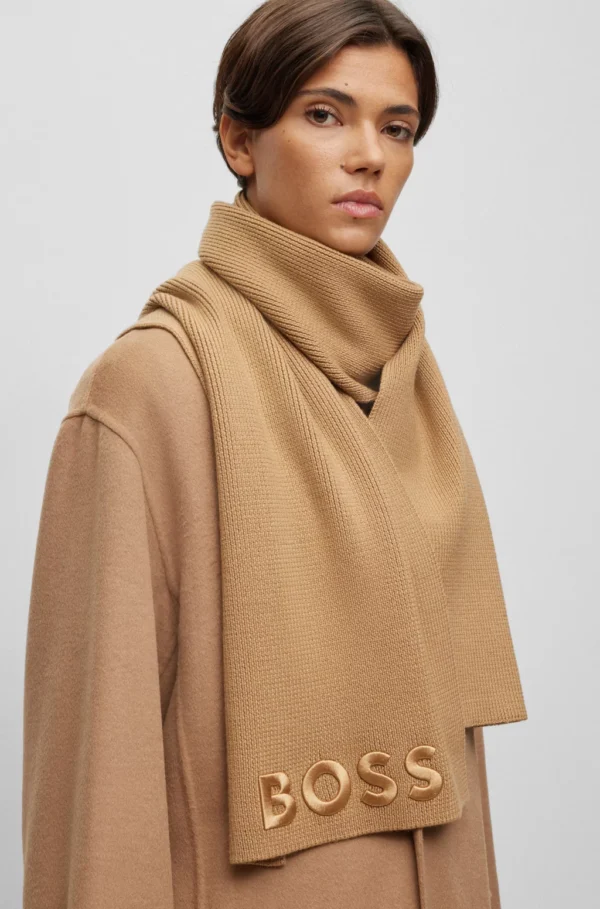 BOSS RIBBED SCARF IN VIRGIN WOOL WITH TONAL EMBROIDERED LOGO