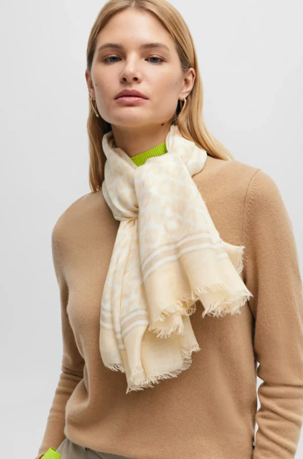 BOSS LOGO-PRINT WOVEN SCARF WITH FRINGED EDGES