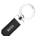 BOSS LOGO KEY RING IN GRAINED LEATHER AND BRASS